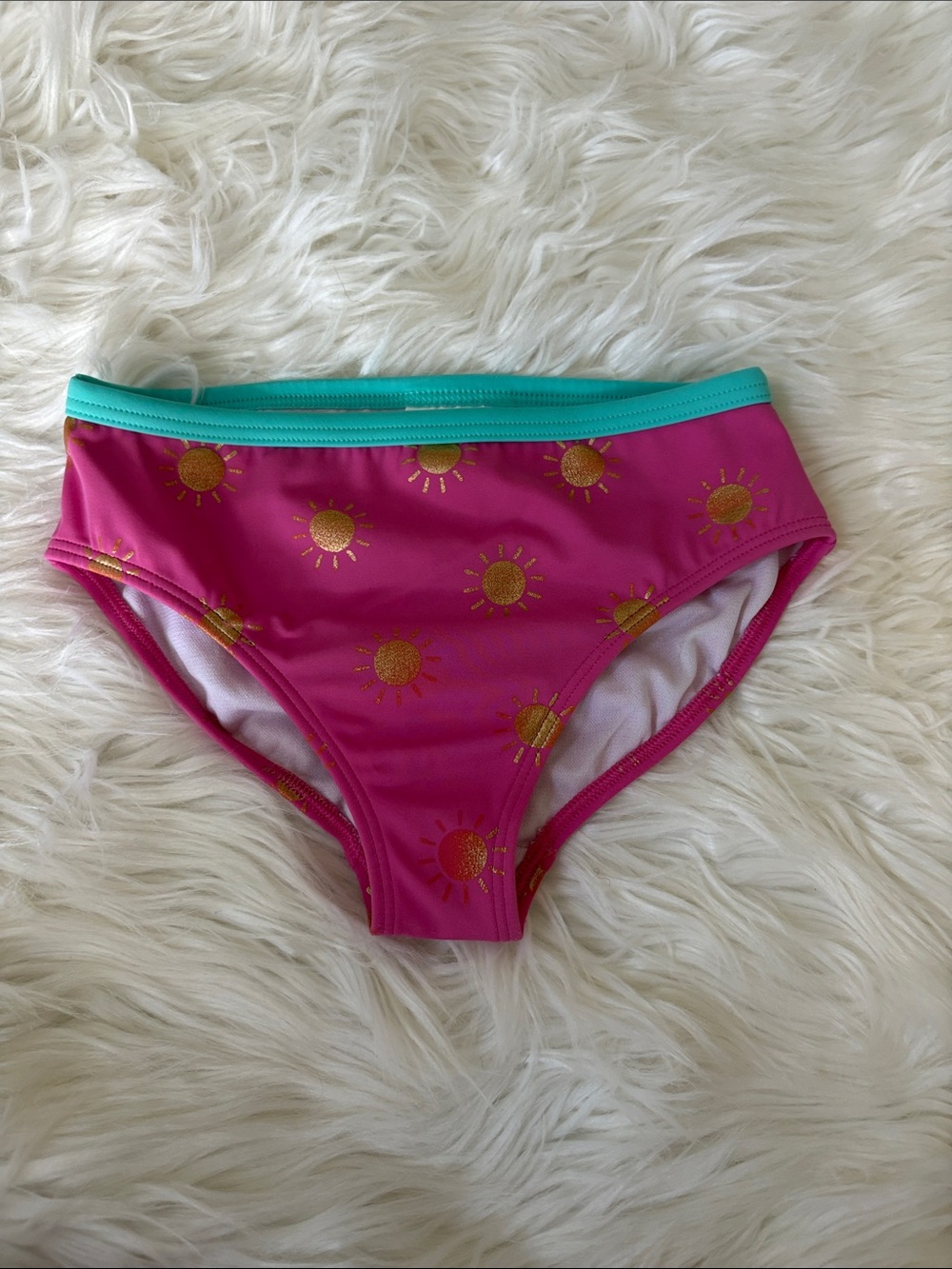 Boden Girls' Hot Pink Sun-Print Swim Briefs with Teal Waistband